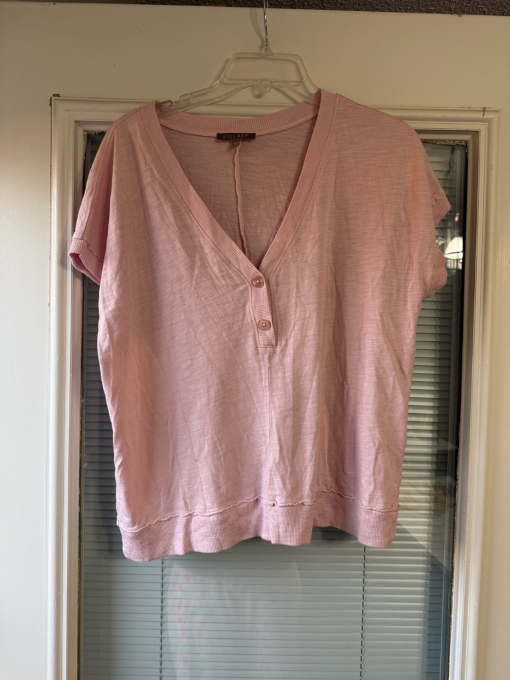 Lilla P Soft Pink V-Neck Short Sleeve Top with Button Placket